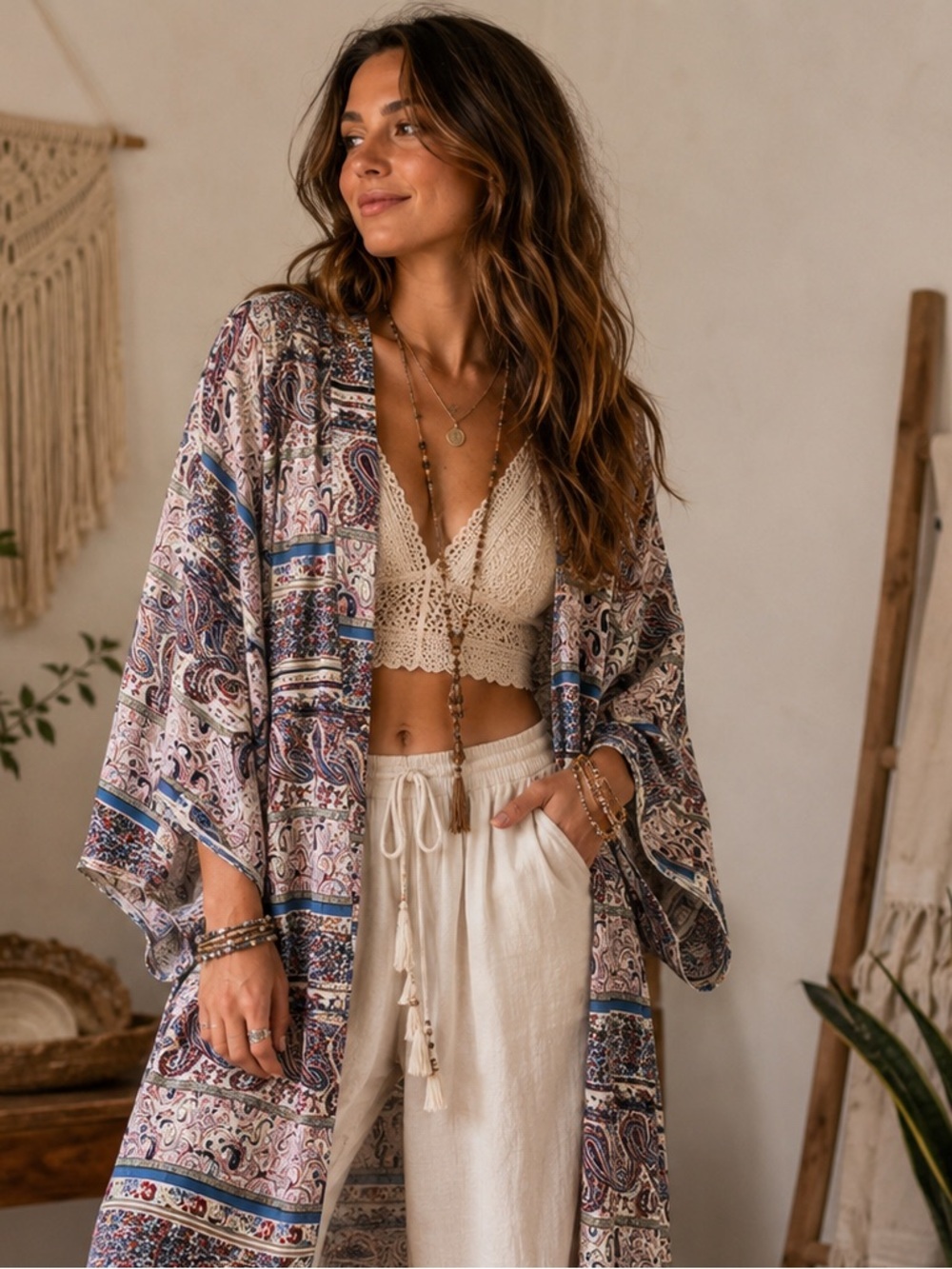 Lavender Field Paisley Boho Kimono Duster Cardigan Cover Up Festival OS